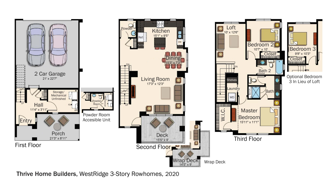 Floorplans for DOE Tour of Zero: WestRidge 3-Story Rowhomes by Thrive Home Builders / New Town.