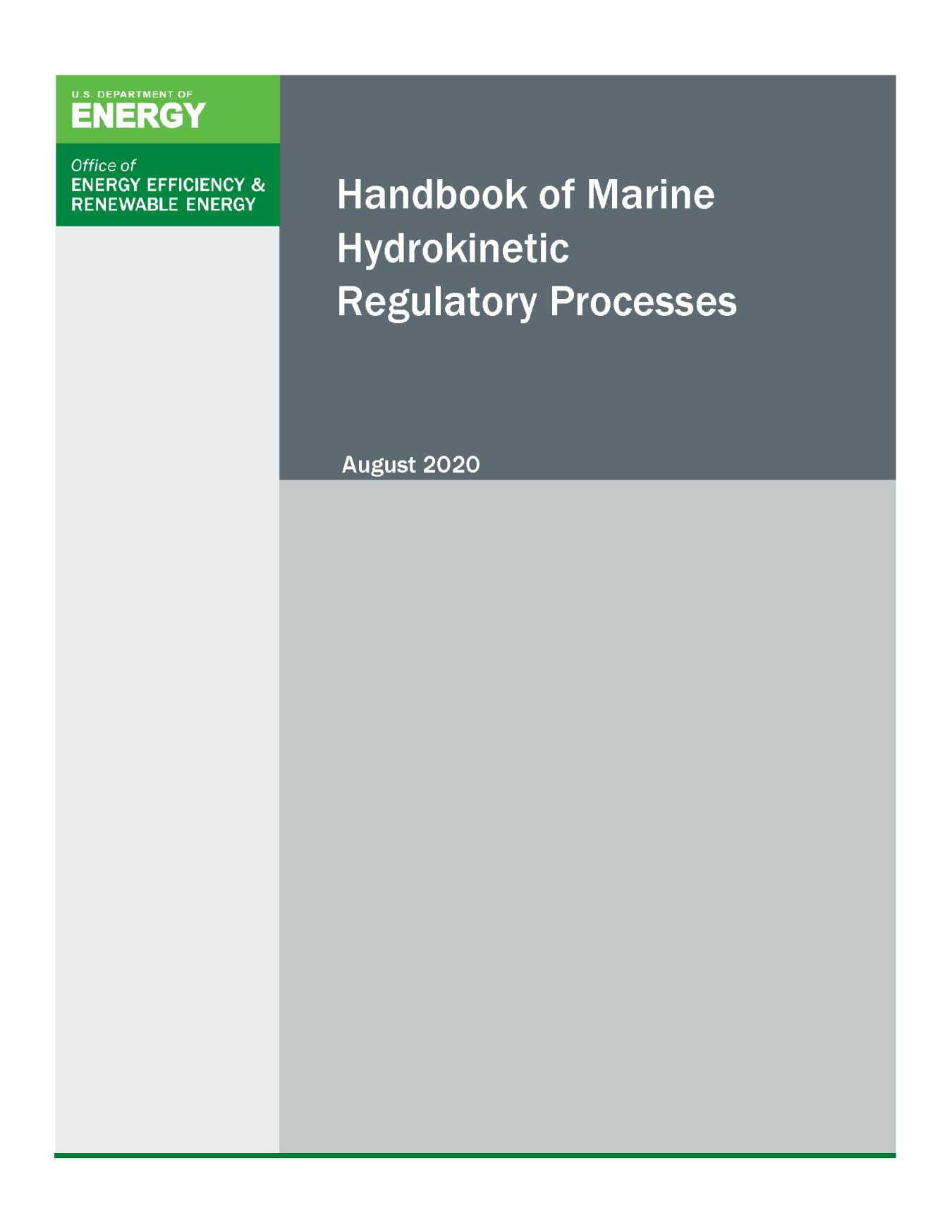Report cover that says "Handbook of Marine Hydrokinetic Regulatory Processes"