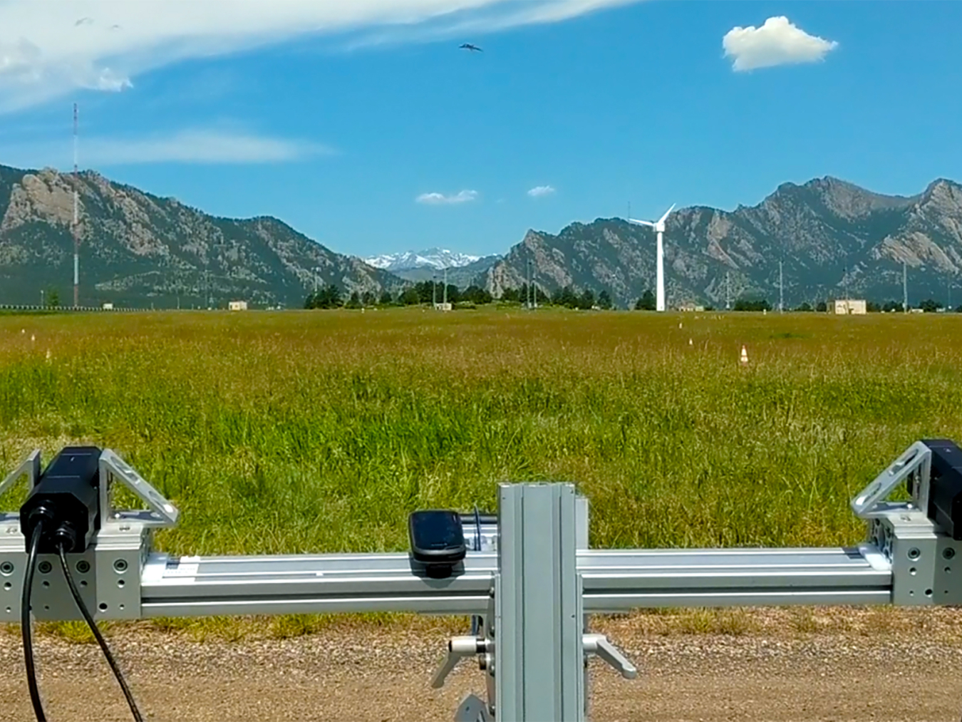 ThermalTracker-3D tracks an unmanned aerial system (visible top, center) during testing at the NREL Flatirons Campus.