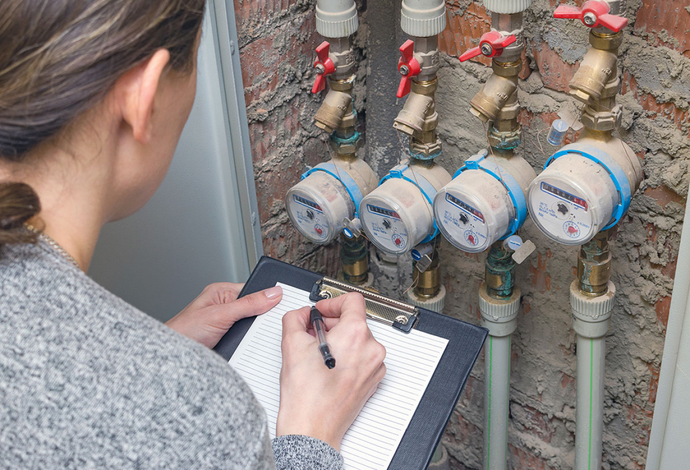 Woman reading water meters.