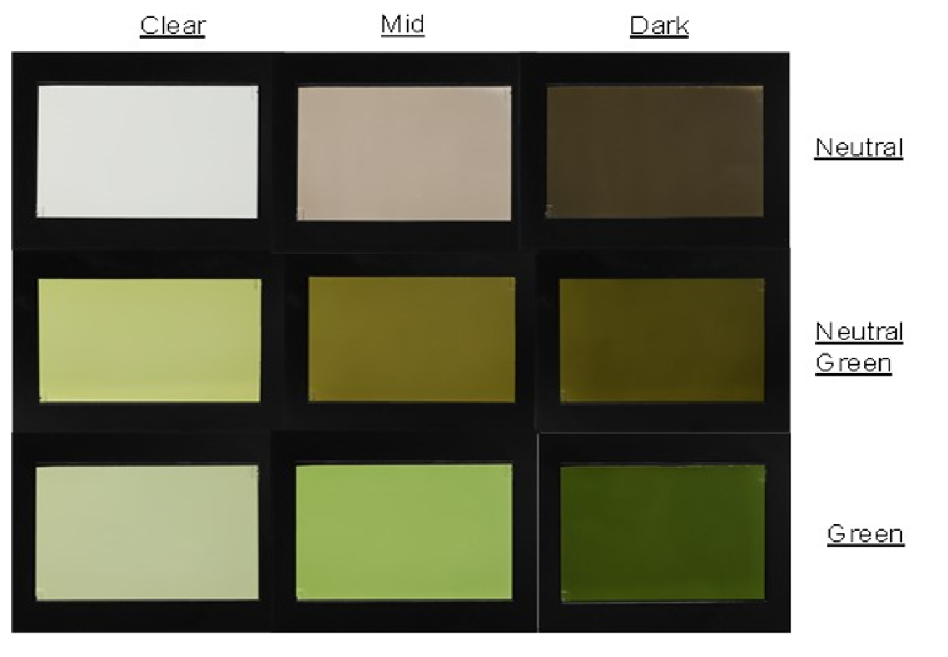 Grid with nine squares ranging from clear to dark from left to right, and neutral to green from top to bottom.