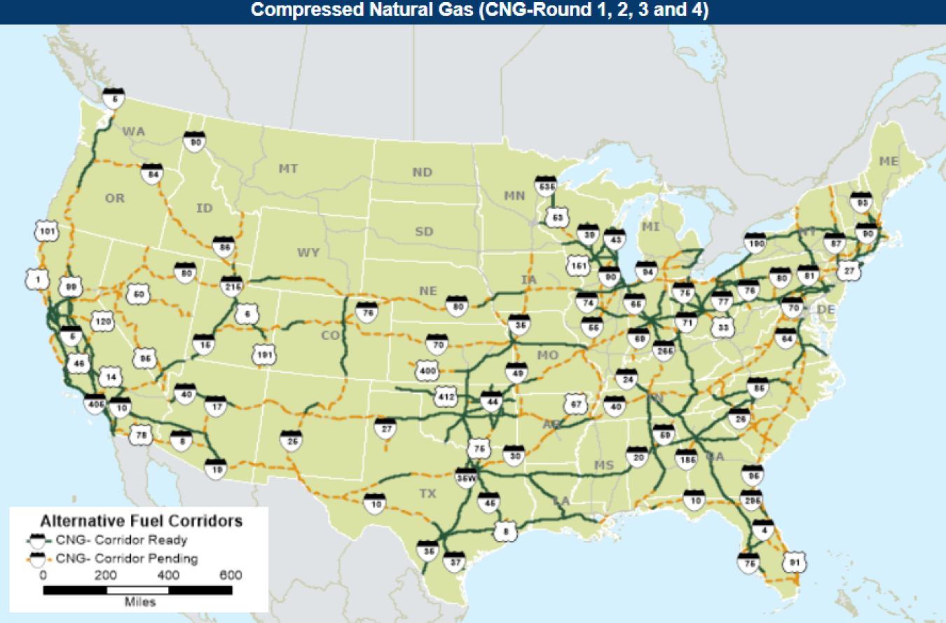 Map of U.S. showing compressed natural gas corridors (CNG-Round 1, 2, 3 and 4)