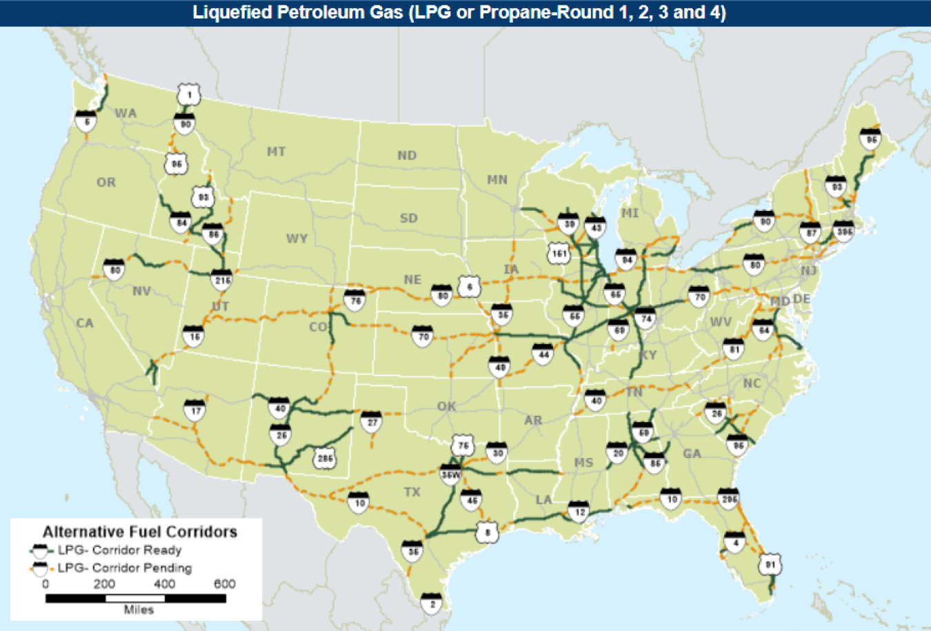 Map of U.S. showing corridors of liquefied petroleum gas (LPG or Propane-Round 1, 2, 3 and 4)