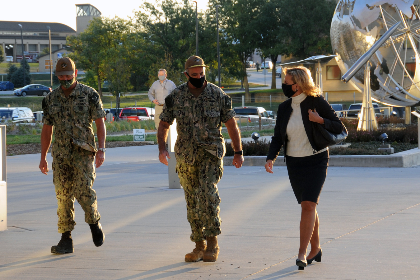 U.S. Strategic Command's Adm. Charles Richard walks with NNSA Administrator Lisa E. Gordon-Hagerty to their meeting.
