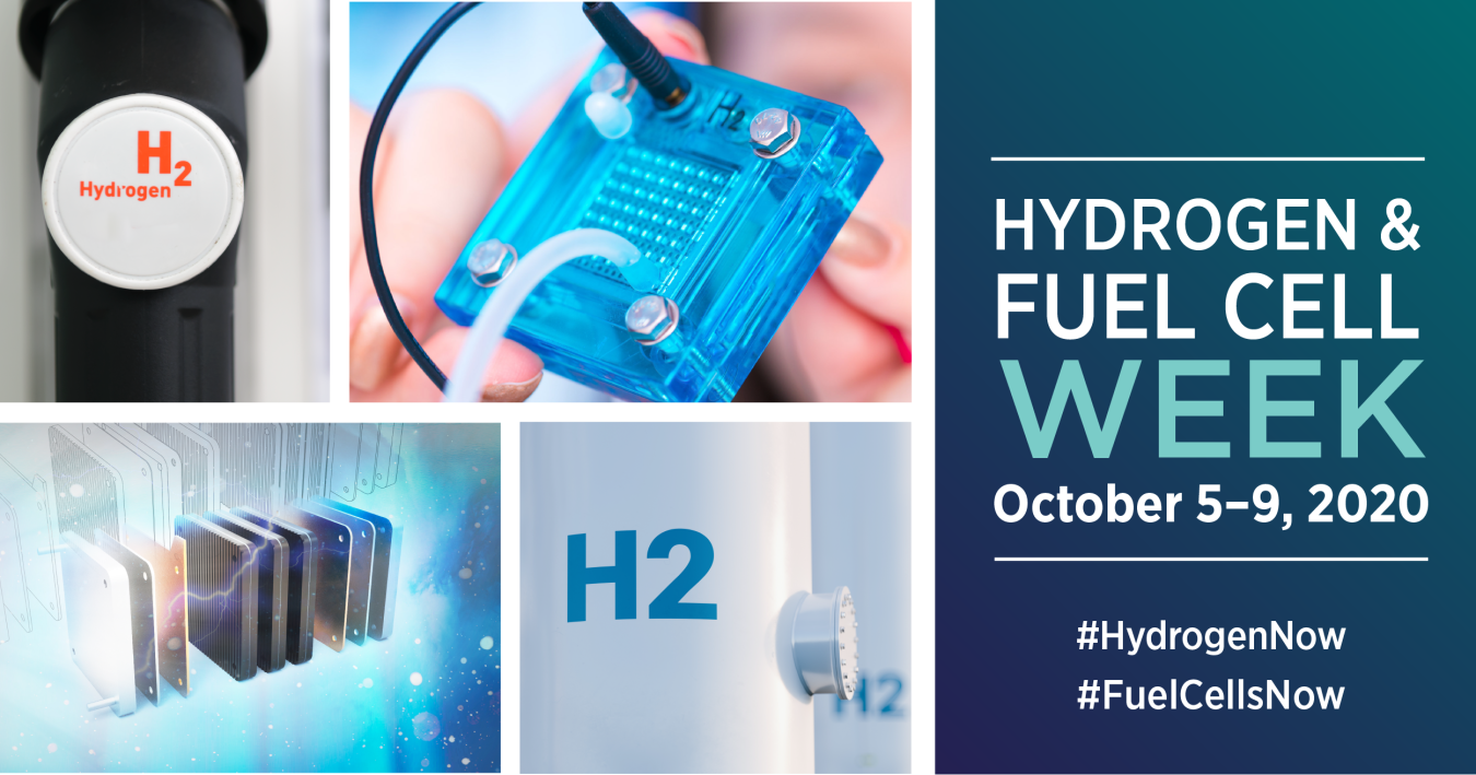 Hydrogen-related images and the text Hydrogen & Fuel Cell Week October 5-9, 2020 #HydrogenNow #FuelCellsNow