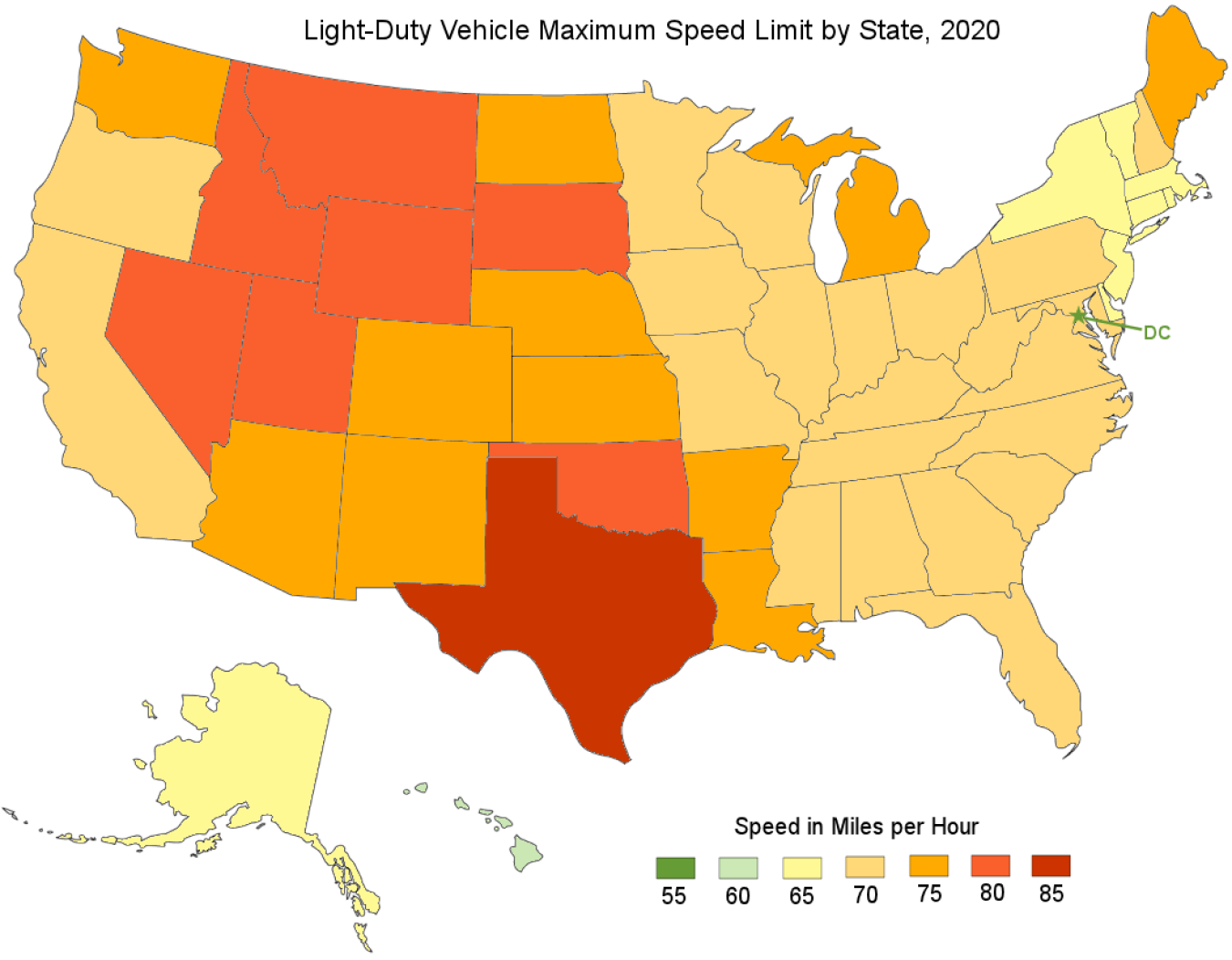 Map of the U.S. showing light-duty vehicle maximum speed limit by state in 2020. Texas has the highest at 85 MPH.