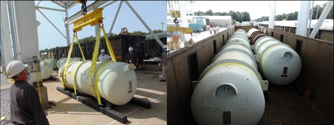 Workers at the Paducah Site load depleted uranium oxide cylinders onto a specialized railcar for shipment to the Waste Control Specialists Federal Waste Facility.