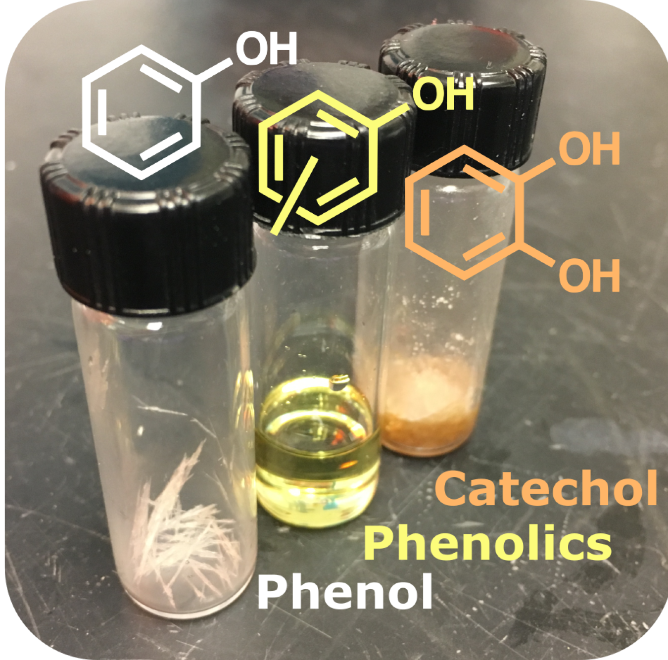 Oxygenated aromatics such as phenol (left), phenolics (center), or catechol (right) can be used in building material, automotive, plastics, or agricultural applications and have now been isolated from a biorefinery waste stream.