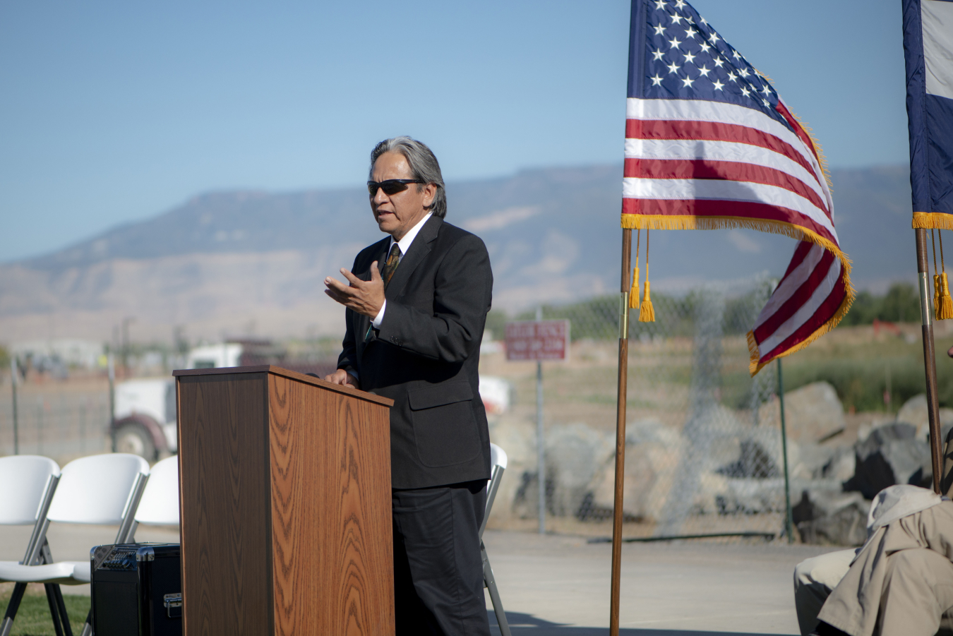 LM Site Manager Bill Frazier speaks at the 2019 groundbreaking of the River Park at Las Colonias.