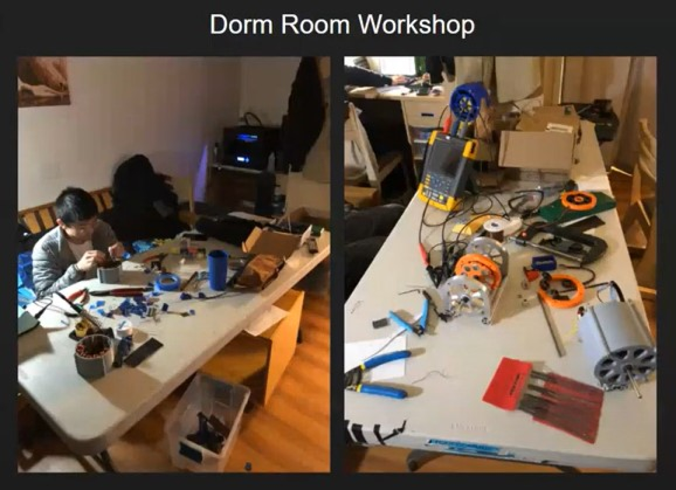 A Cal Maritime Academy dorm room where the Turbine Design Team set up shop and 3D-printed their turbine generator.