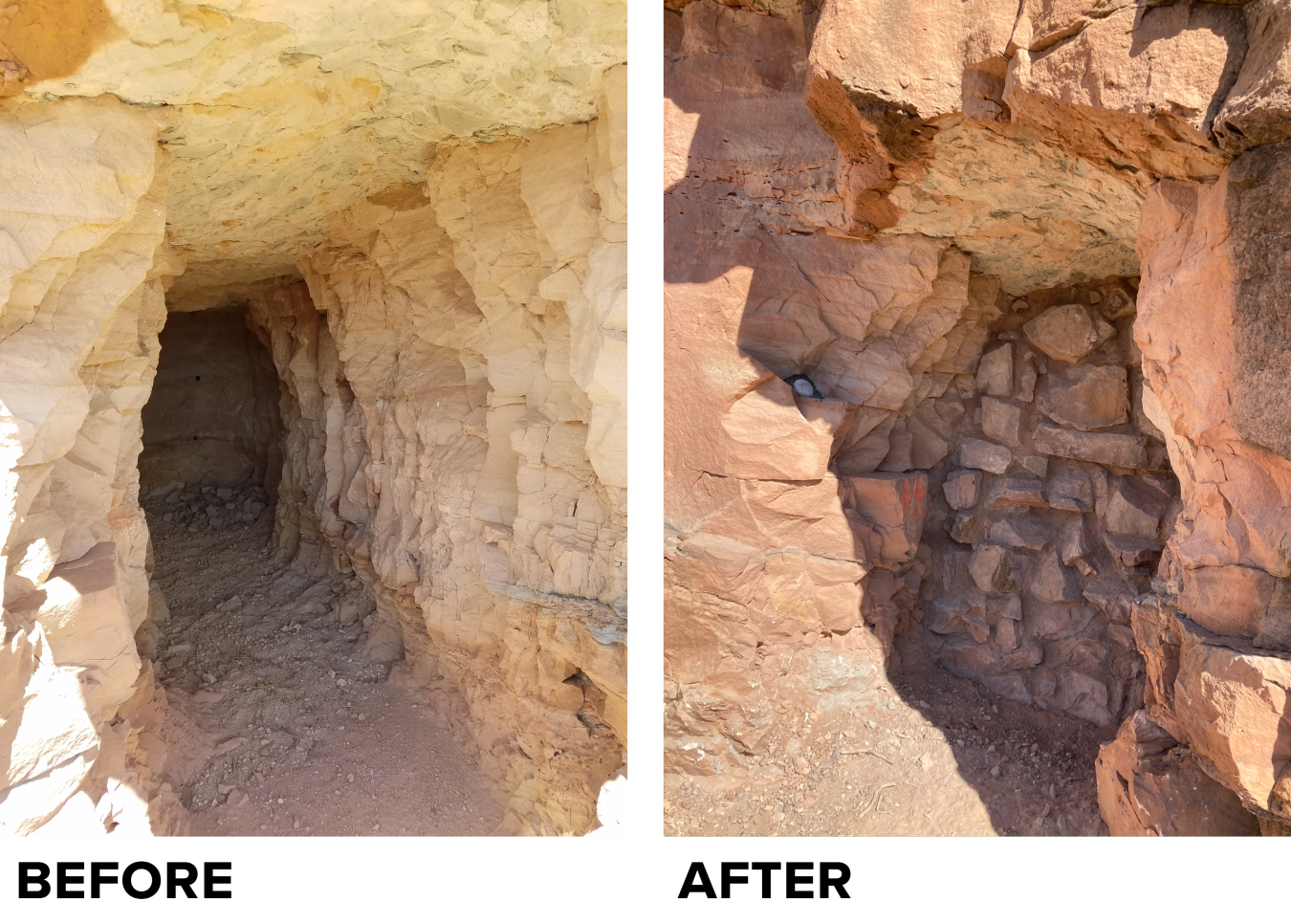 This before-and-after photo shows safeguarding at the Peggy Mine in Colorado, part of the Long Park pilot project. Rocks collected near the mine are mortared together at the mine portal to prevent access to the interior of the mine.