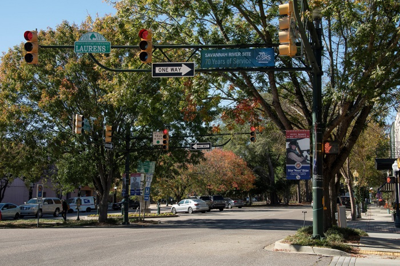 Banners like the one hanging across this intersection are displayed in Aiken to commemorate the Savannah River Site’s 70th anniversary on Nov. 28. State delegates designated the date as SRS Day in South Carolina.