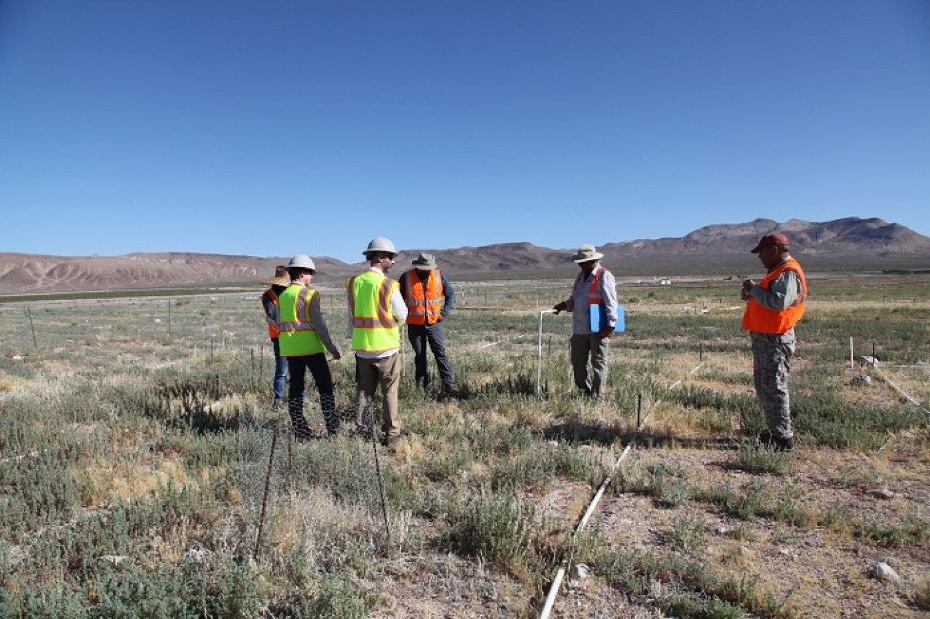 In this June 2019 photo, members of the Tribal Revegetation Committee and Nevada National Security Site (NNSS) crews discuss the growth and revegetation efforts at the NNSS Radioactive Waste Management Complex acreage.