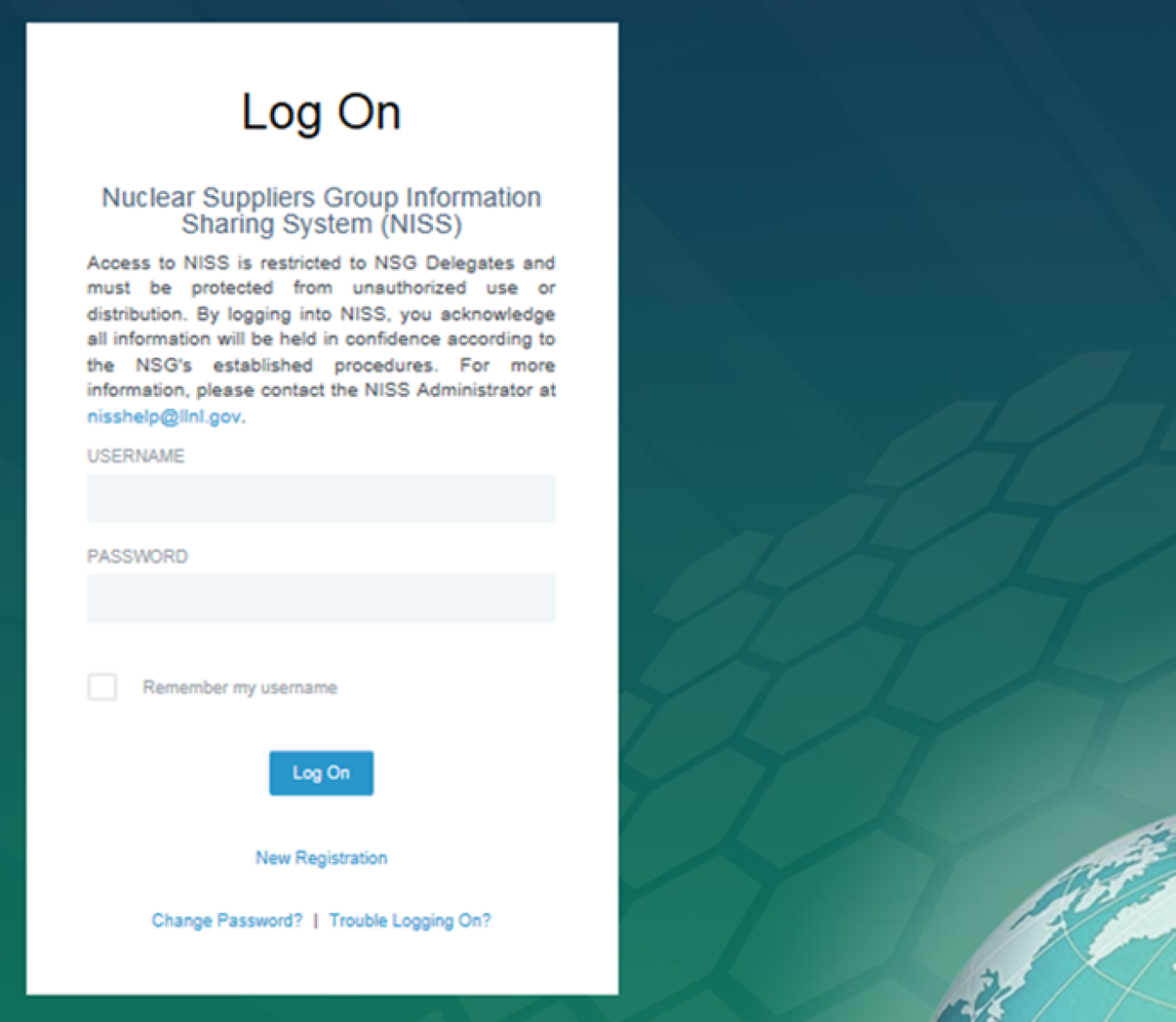 The login screen for the Nuclear Supplier's Group Information Sharing System, the group's secure intranet and document repository.