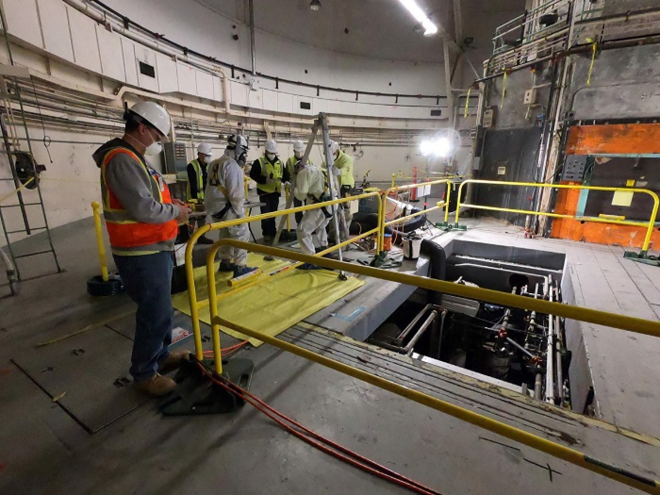 Crews from the U.S. Army Corp Engineers perform pre-demolition activities at the Livermore Pool Type Reactor at Lawrence Livermore National Laboratory.