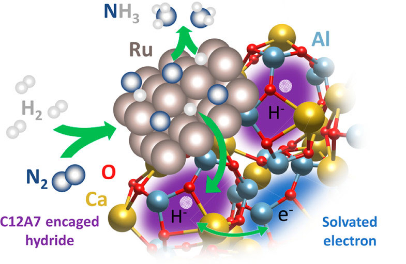 The atomic structure of the ruthenium-calcium-aluminum metal catalyst used in ammonia synthesis. Hydrogen atoms on the surface react with nitrogen atoms to form ammonia. The novel catalyst uses considerably less heat and pressure than other catalysts.