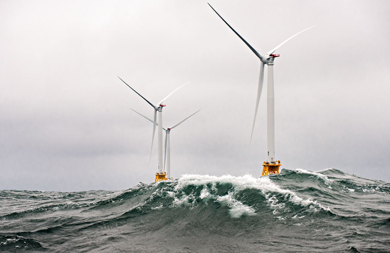 Heavy seas engulf the Block Island Wind Farm—the first U.S. offshore wind farm.