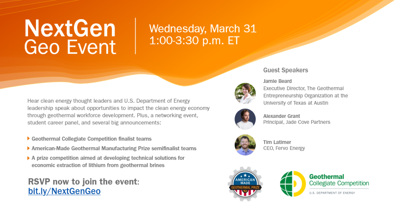 A Banner image with the event details and guest list for the NextGen Geo Event  - Wednesday March 21, 1-3PM ET