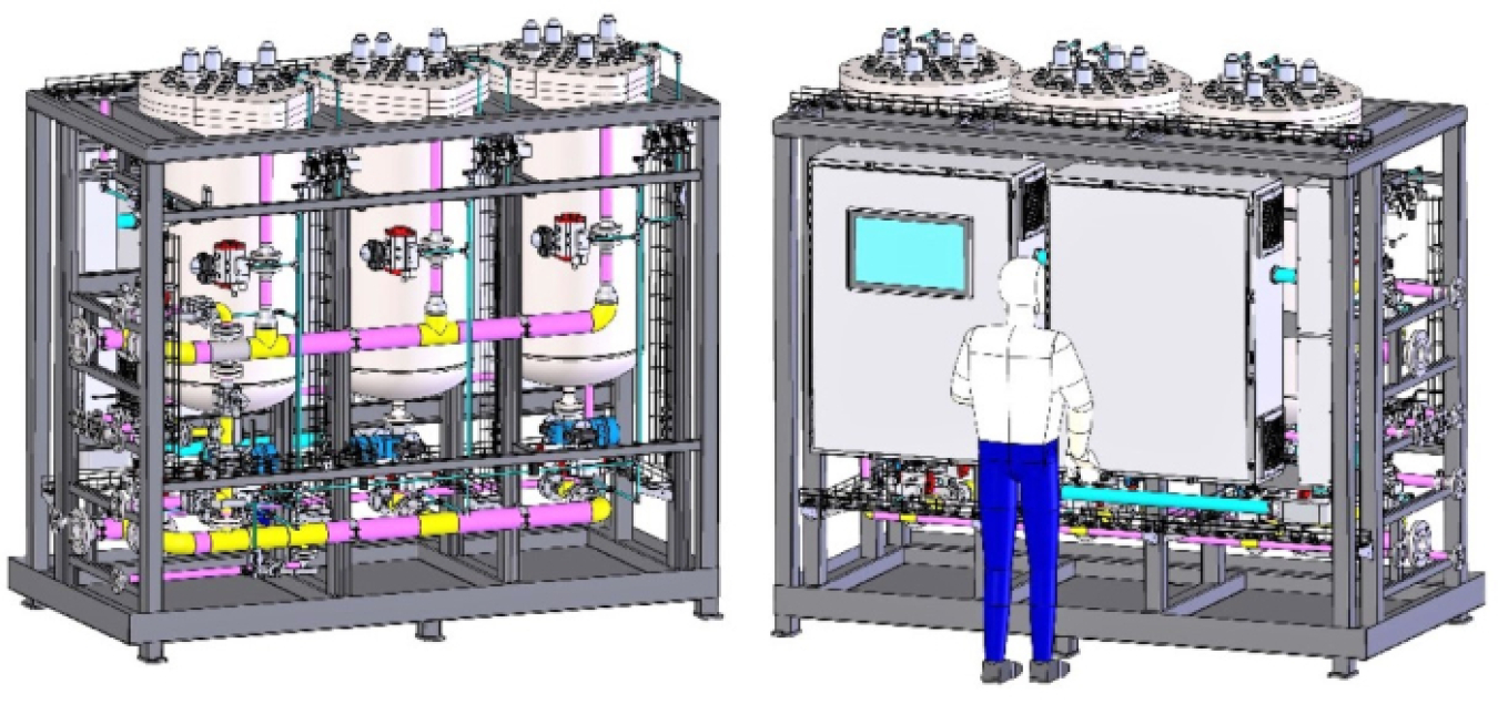 This front-and-back illustration shows a new filter system that will eliminate the need to shut down operations every 12 hours for filter replacement during wastewater processing at the Hanford Site’s Effluent Treatment Facility, which is being upgraded to support 24/7 tank waste treatment operations.