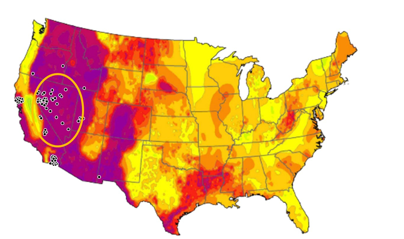 The western U.S. is an active region for both the geothermal and mining industries. The areas shaded purple indicate highest-temperature geothermal resources, with active geothermal power plants shown as dots. This area encompasses the state of Nevada and overlaps a significant number of current and recent mining operations (circled).