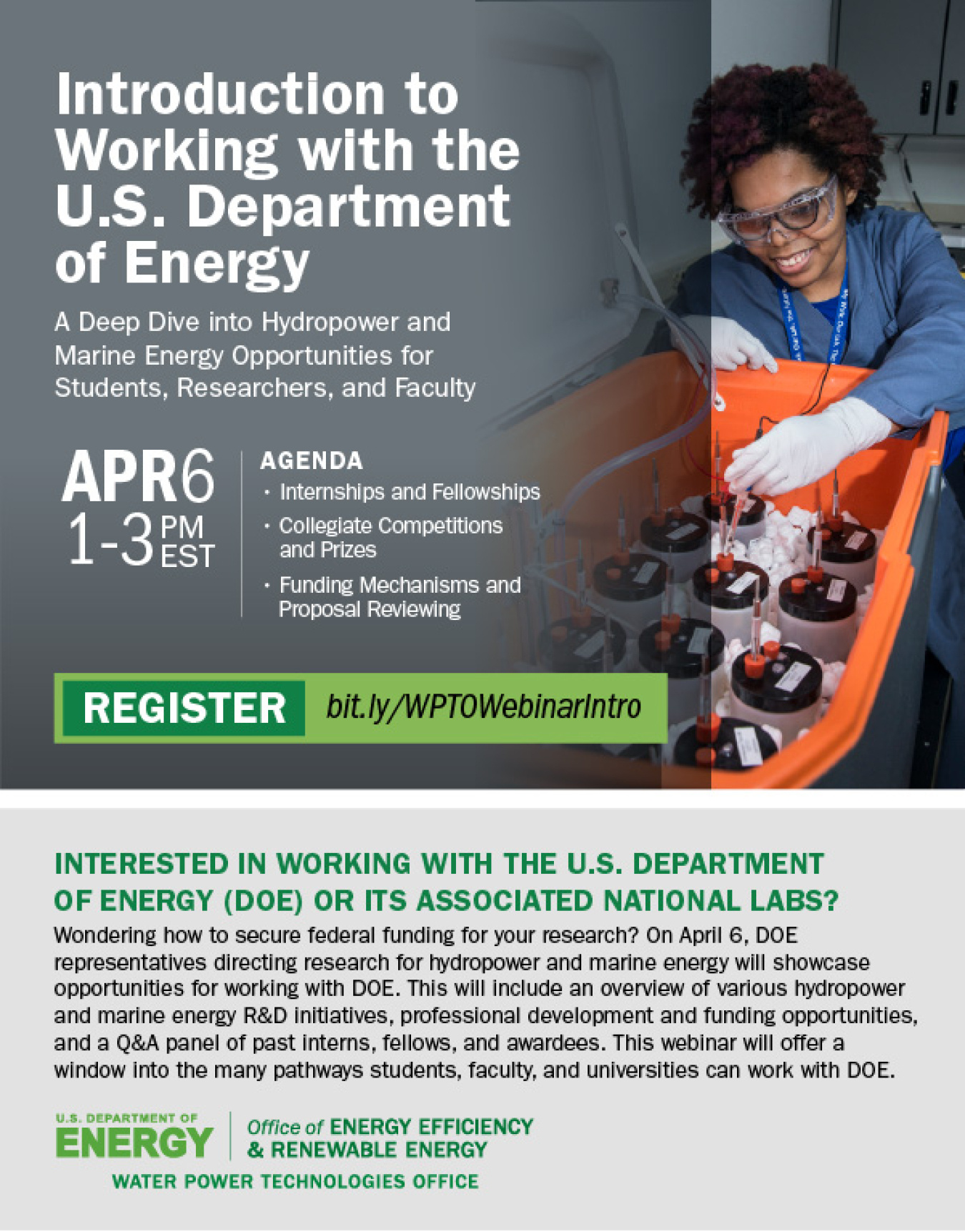 Flyer promoting the WPTO intro to working with DOE banner.