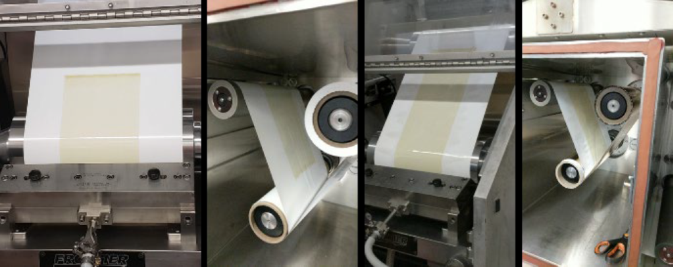 Prototype production: first layer of coating on first substrate, interleafed layer, second coating on the exposed face of the separator layer, and final interleafed outer layer.