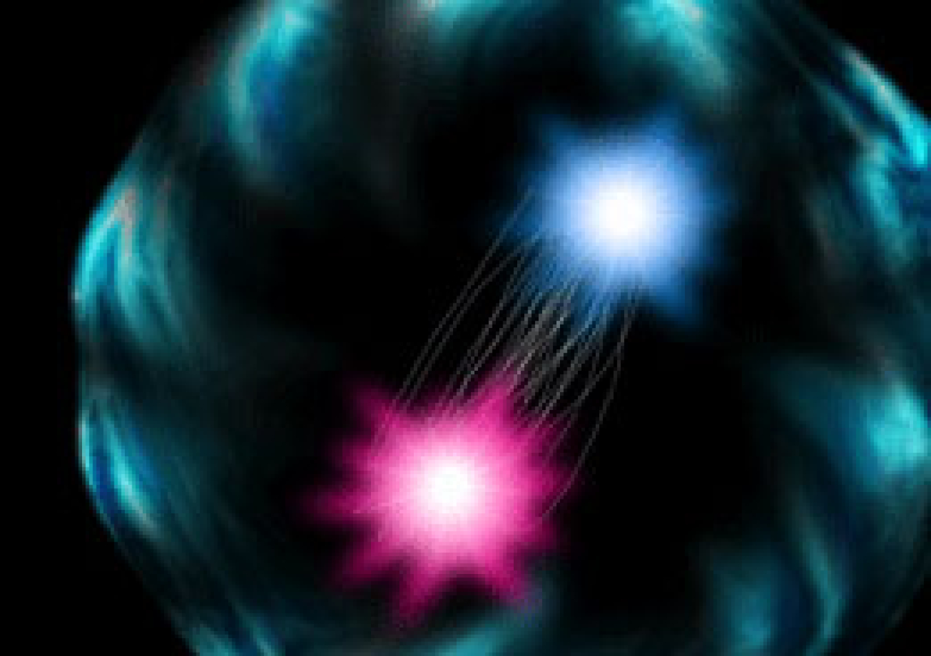An artist’s representation of a pion, which is one the universe’s simplest particles and made up of two quarks.