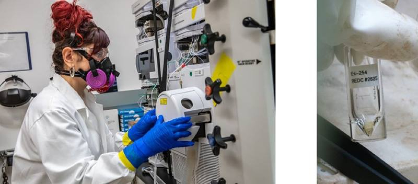 Scientists like Leticia Arnedo-Sanchez (left) overcame technical challenges and COVID-19-related safety guidelines to characterize the coordination chemistry of minute samples of Es-254 (right).