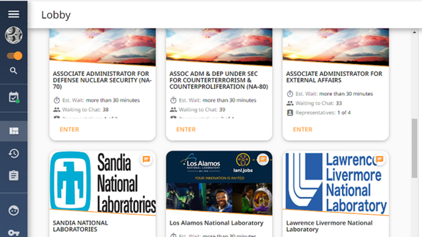 The virtual lobby is where job fair participants can visit hiring booths, view information for each of NNSA’s locations, and apply directly for jobs.