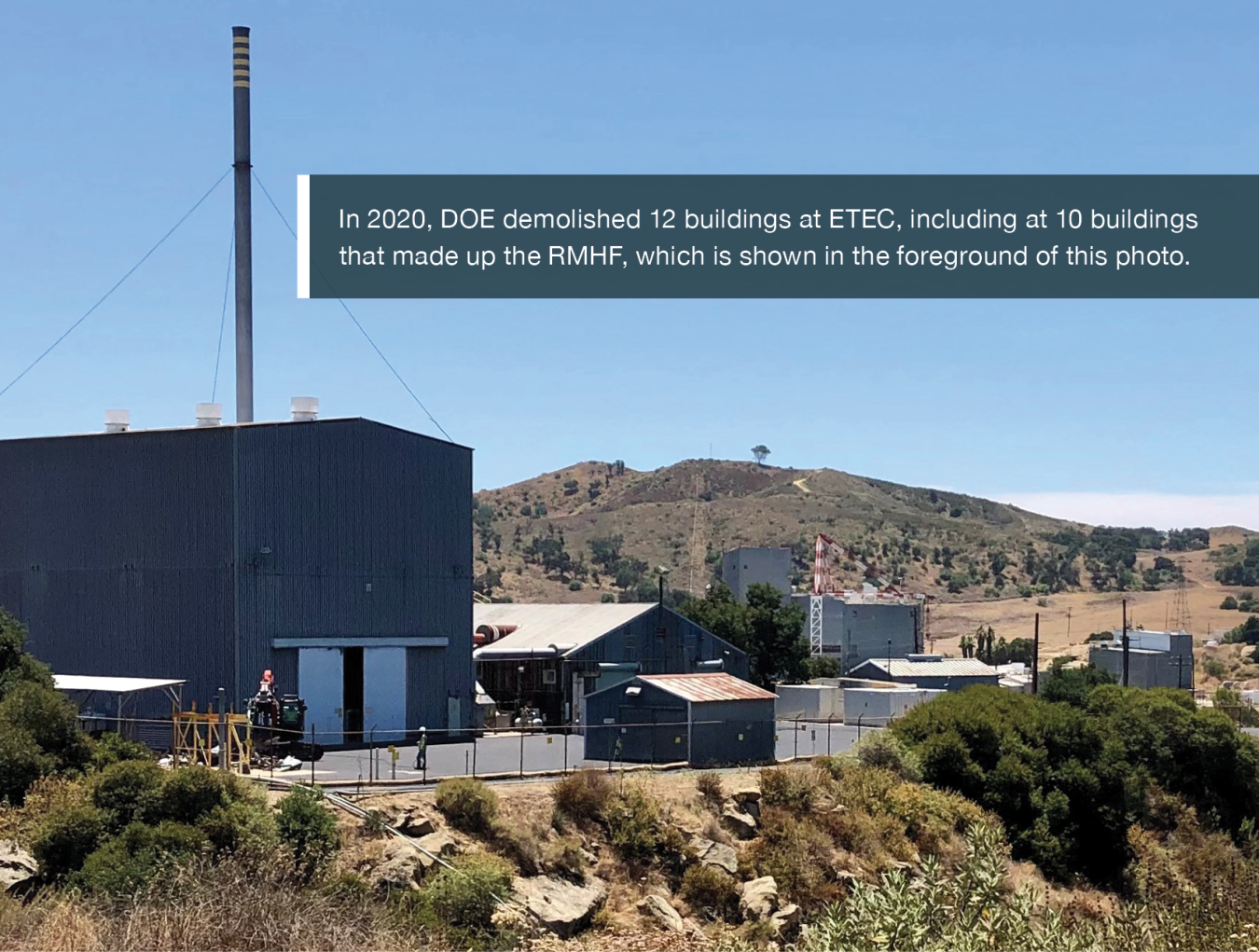 In 2020, DOE demolished 12 buildings at ETEC, including at 10 buildings that made up the RMHF, which is shown in the foreground of this photo.