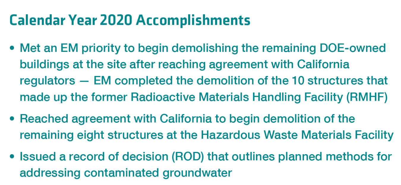 Listing of Calendar Year 2020 Accomplishments at ETEC