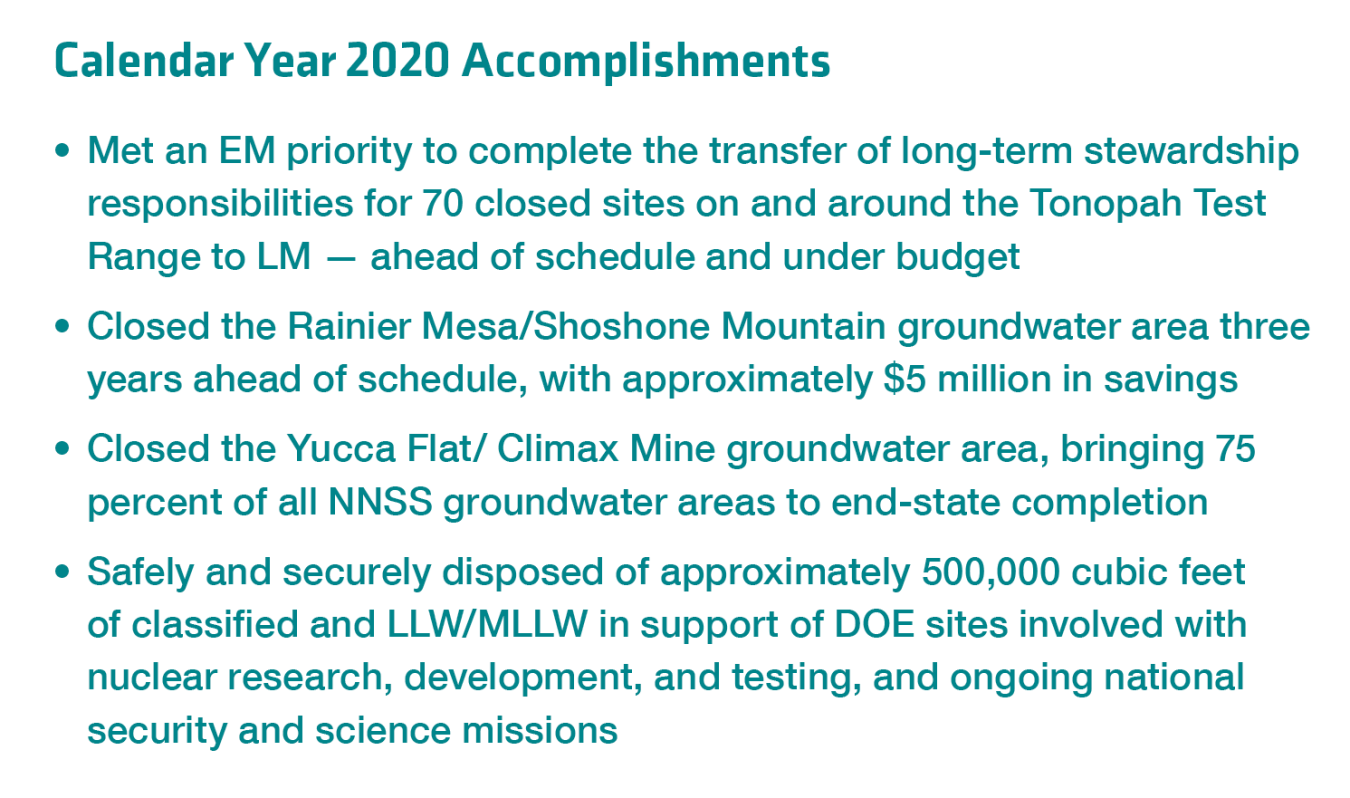 NNSS Calendar Year 2020 Accomplishments