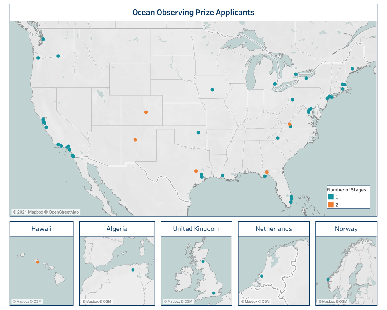 Illustrated map of the locations of Ocean Observing applicants.