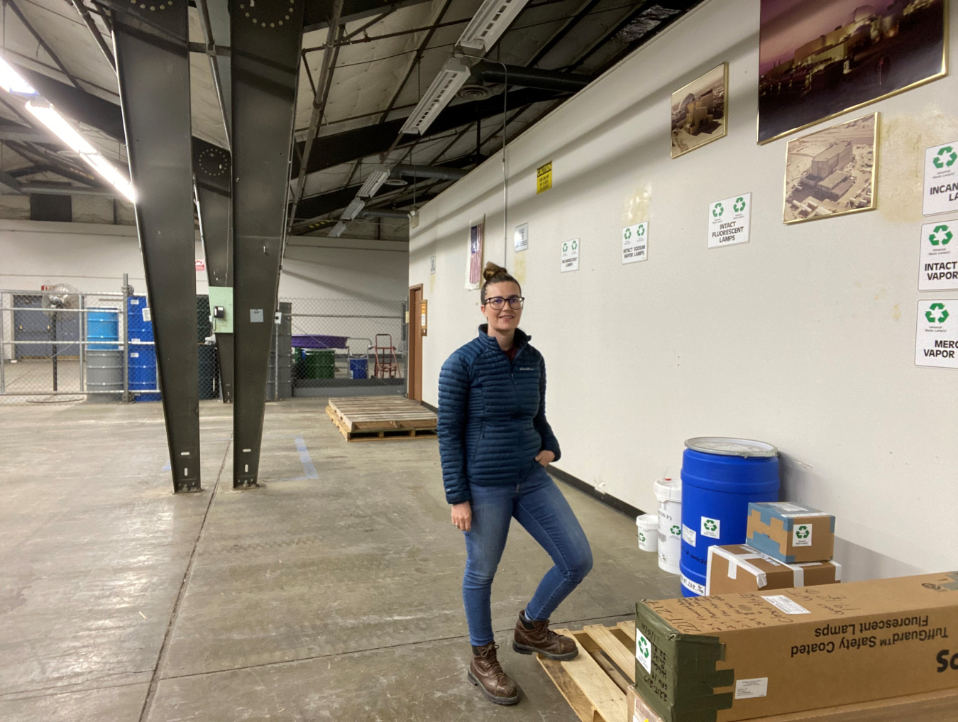 Environmental scientist Carly Nelson works inside Hanford’s Centralized Consolidated/Recycling Center, overseeing recycling and universal waste brought to the facility and shipped offsite.