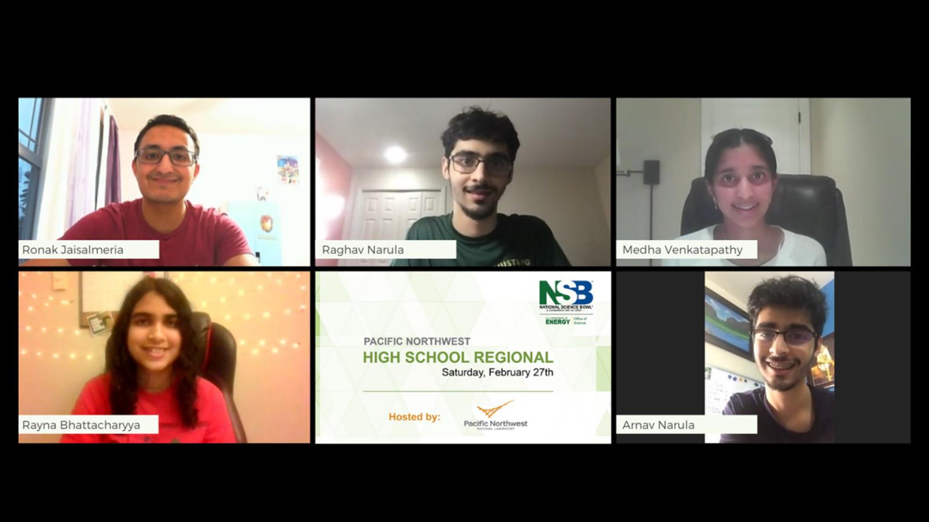 Redmond High School Team 1 earned first place at the 2021 Pacific Northwest Regional Science Bowl and will compete in the National Science Bowl in May. Team members are (from top left, clockwise): Ronak Jaisalmeria, Raghav Narula, Medha Venkatapathy, Rayna Bhattacharyya, and Arnav Narula.