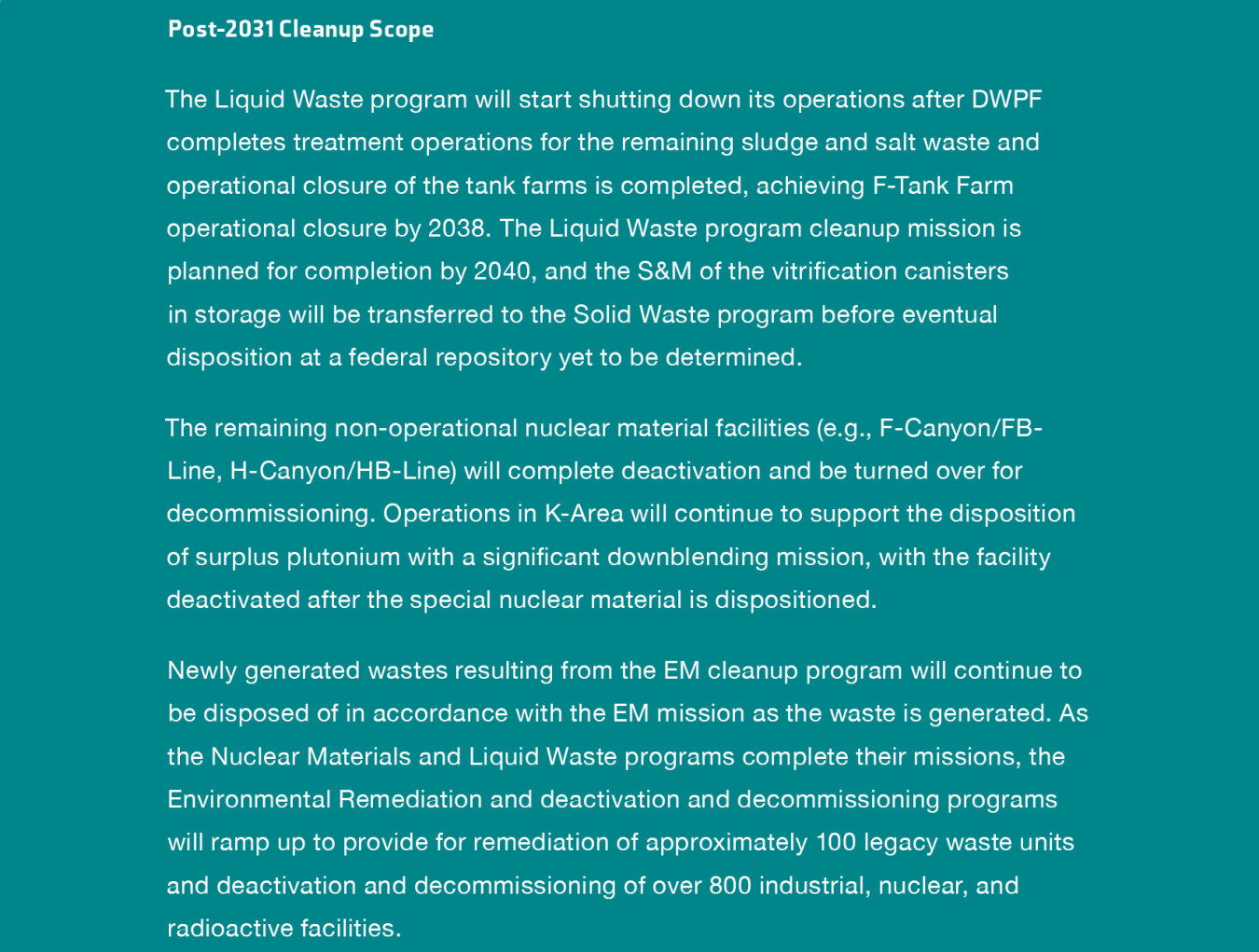 Savannah River Site Post 2031 Cleanup Scope