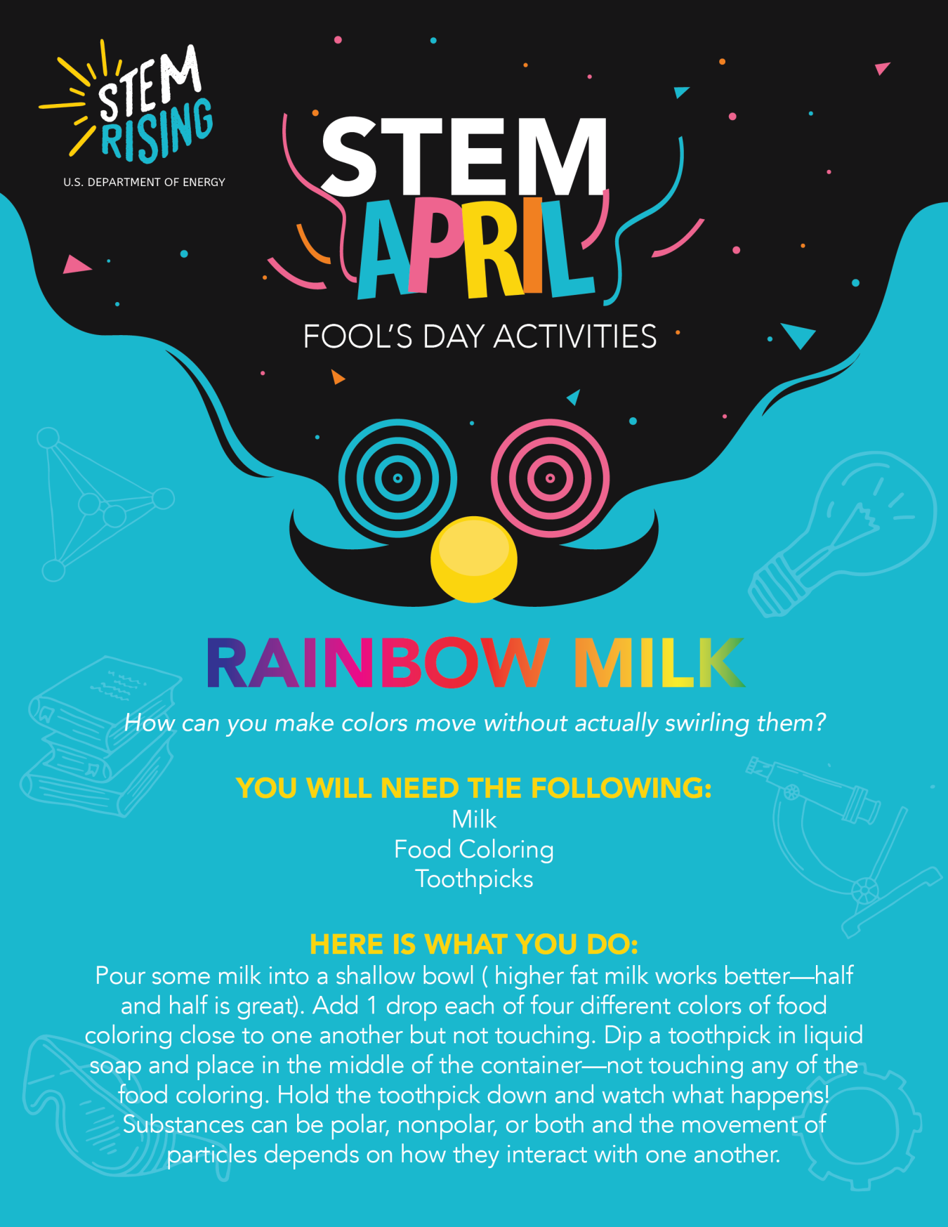 Make some rainbow milk with our STEM April Fool's Day activity.