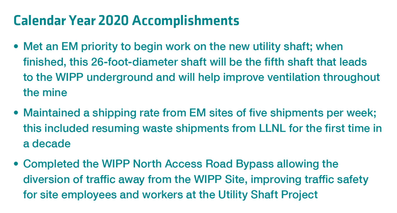 WIPP Calendar Year 2020 Accomplishments