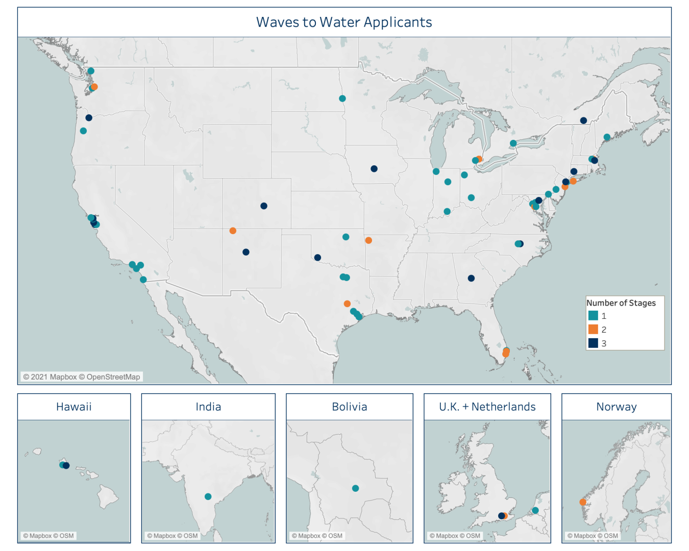 Illustrated map of the locations of Waves to Water applicants.