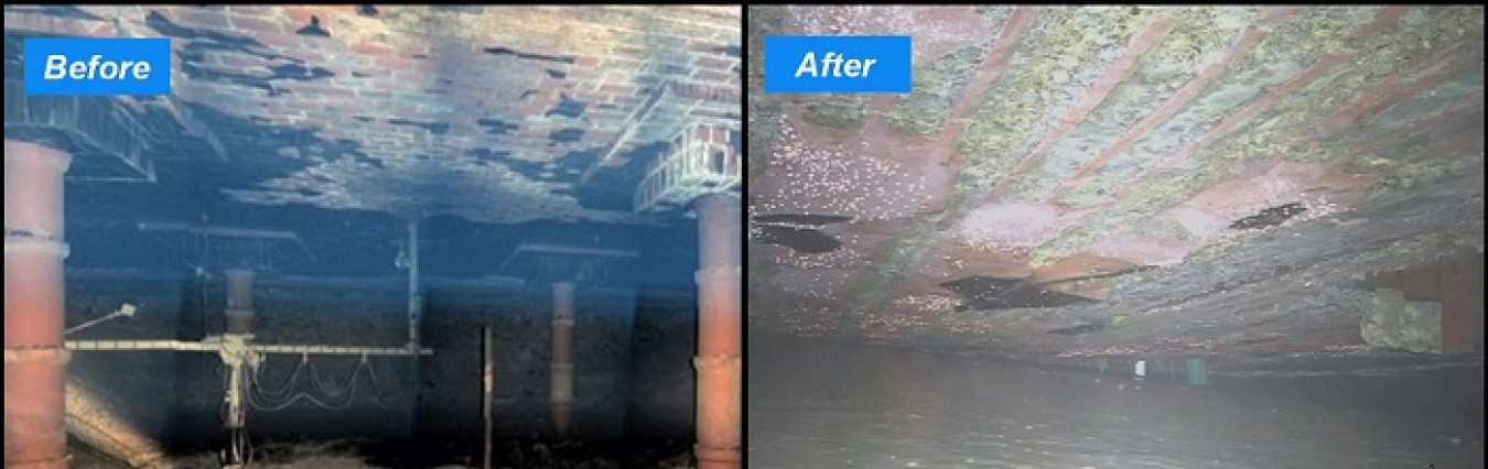 These photos show the largest of three aging underground structures, the Z-9 crib, before and after stabilization. The 60-foot-long covered trench for liquid waste disposal during past Hanford Site operations was filled nearly to the top with about 4,000 cubic yards of engineered grout to cover residual contamination and stabilize the structure.