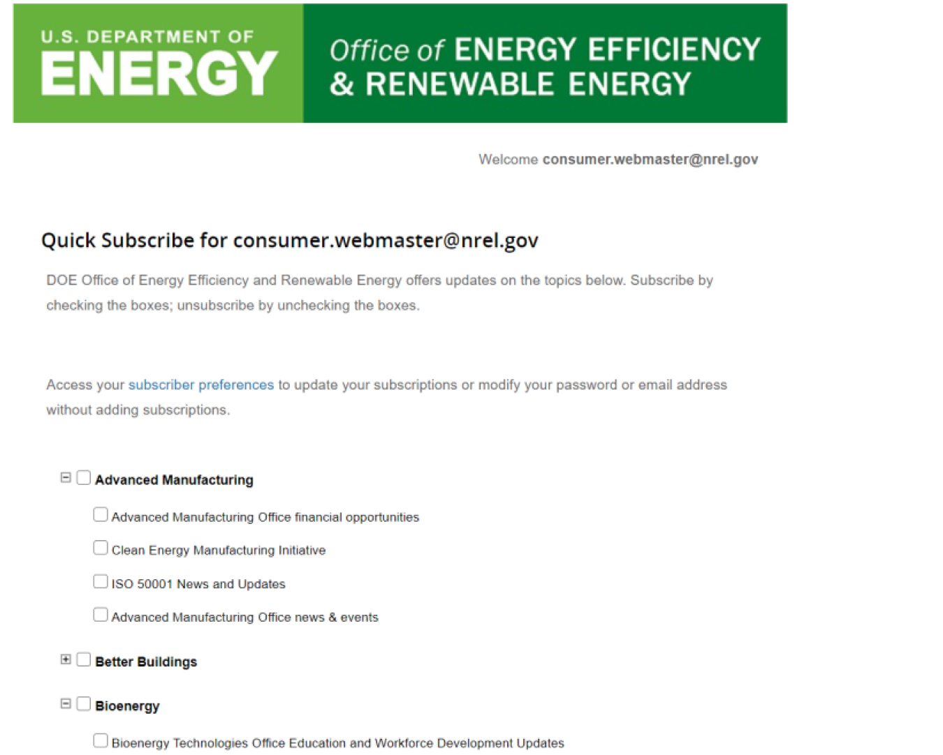 Screenshot of GovDelivery subscribe page.