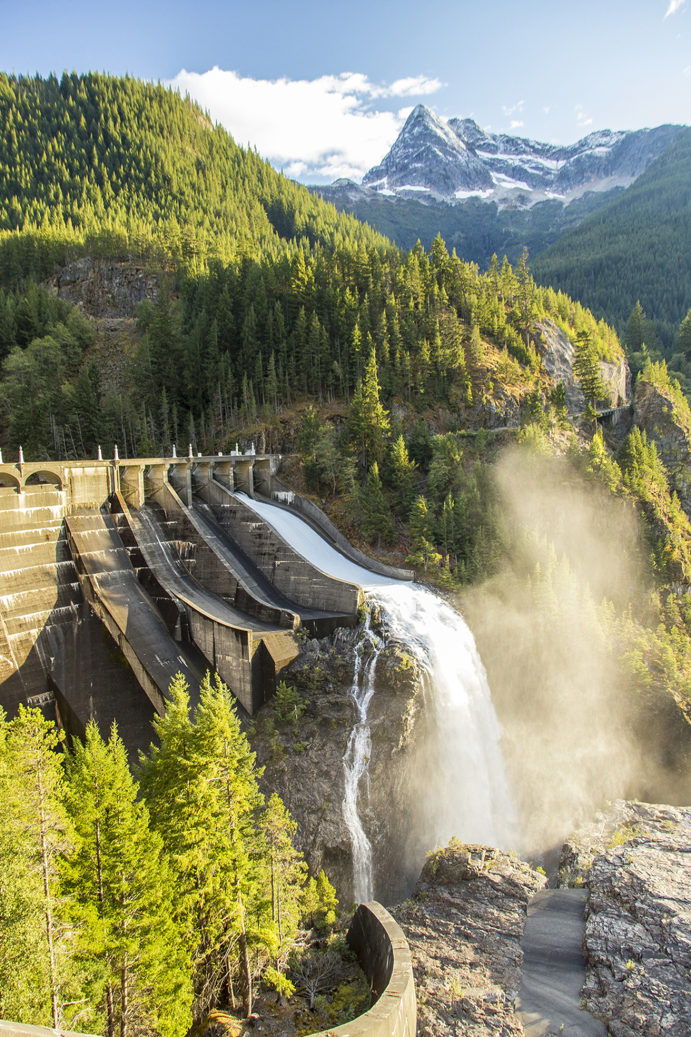 Hydropower dam with greenery surrounding it and mountains in the background.