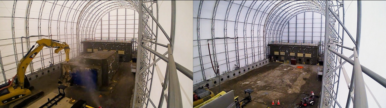 A view of the west portion of the former Radioisotope Development Lab before and after demolition. Workers will tear down the east portion of the facility next. Crews begin characterizing the final hot cell in that portion of the laboratory this month to pave the way for its demolition next year.