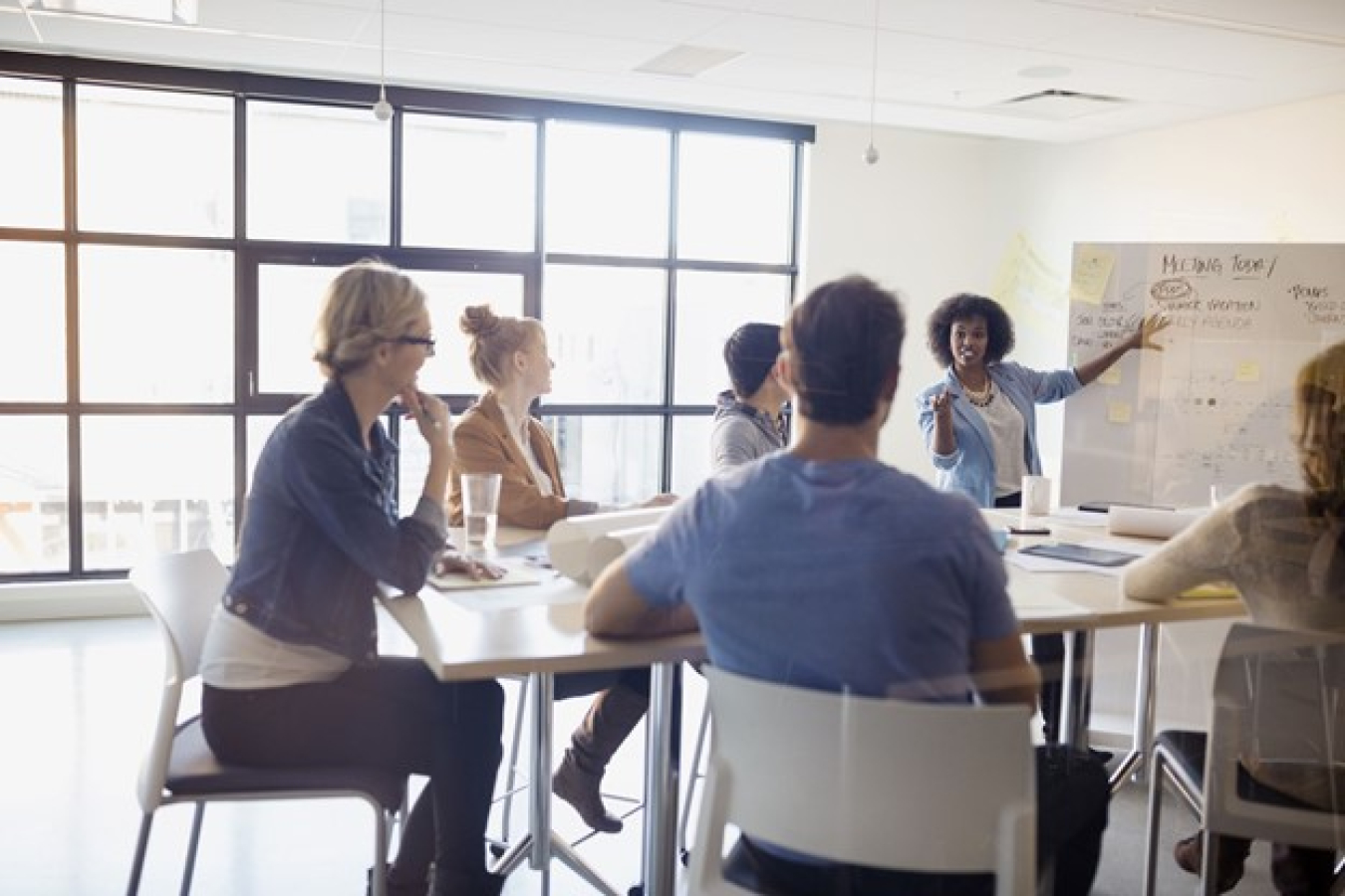 group of young professionals around a table with the leader pointing to a board.