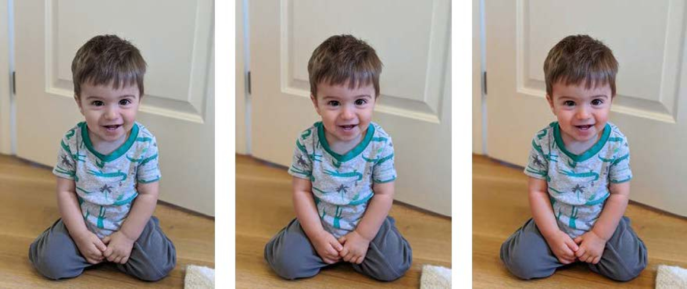 Three identical photos of a young child with variations in color appearance.