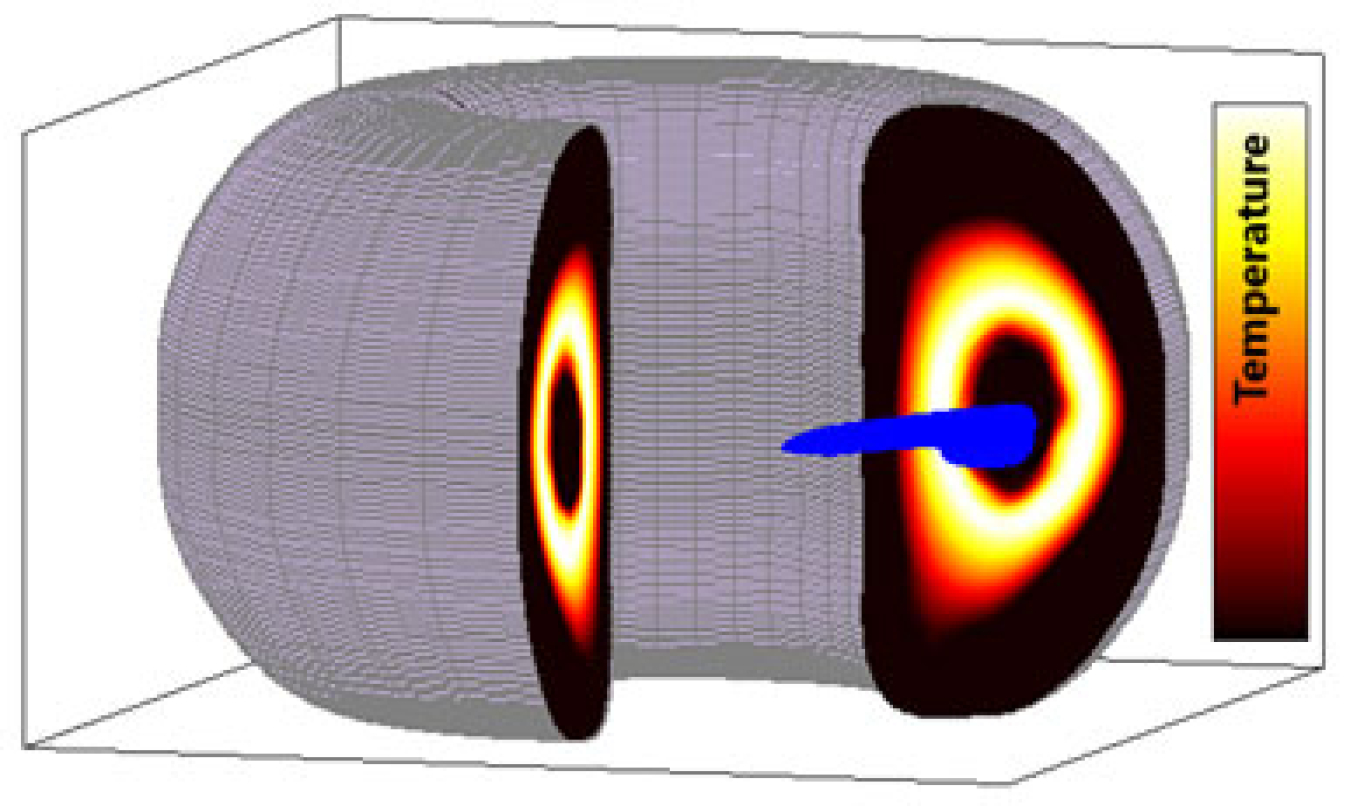 A computer simulation showing temperature contours of a hot fusion plasma being cooled from the inside (the dark region in the center) after the release of the shell pellet payload material (in blue) near the center.