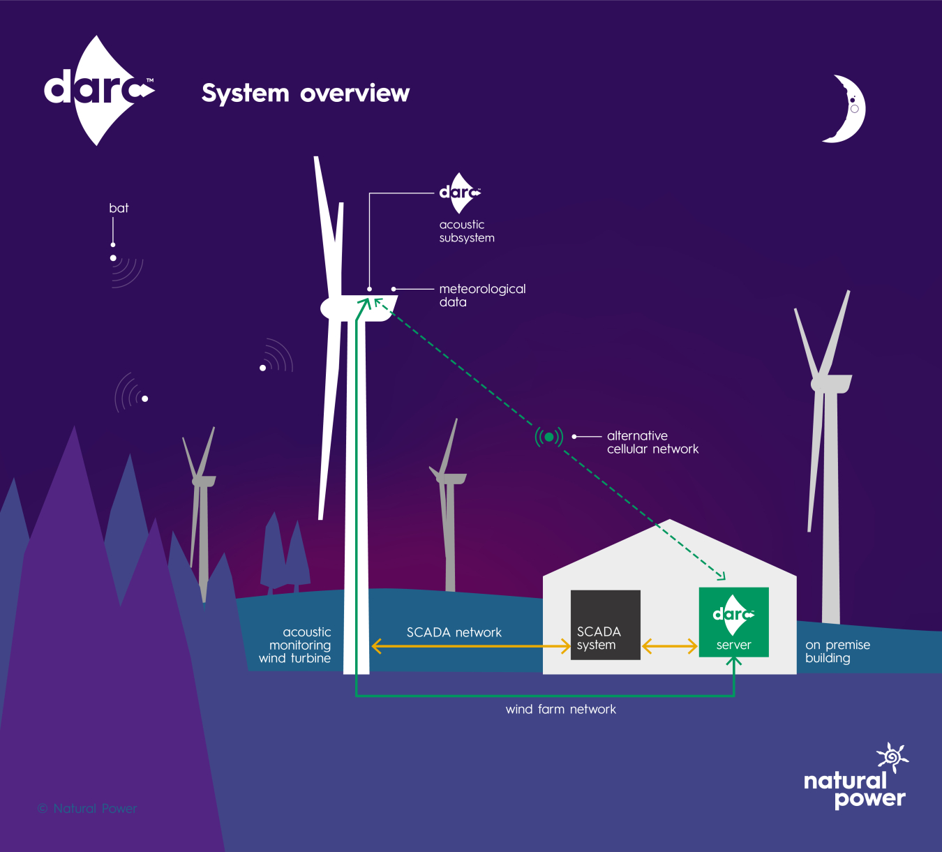 An illustration showing a building with four wind turbines nearby, with trees and a night sky. Labels indicate bats and the locations of DARC system monitoring features.