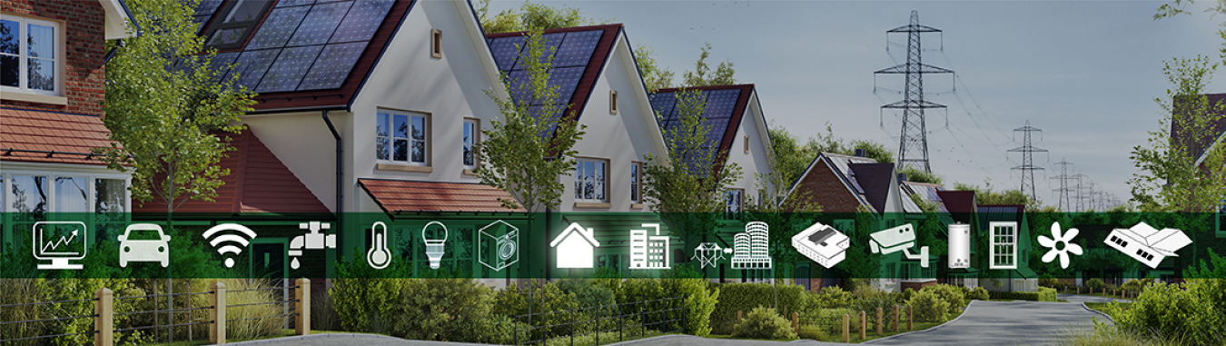 a row of tract houses with identical solar panels on their roofs