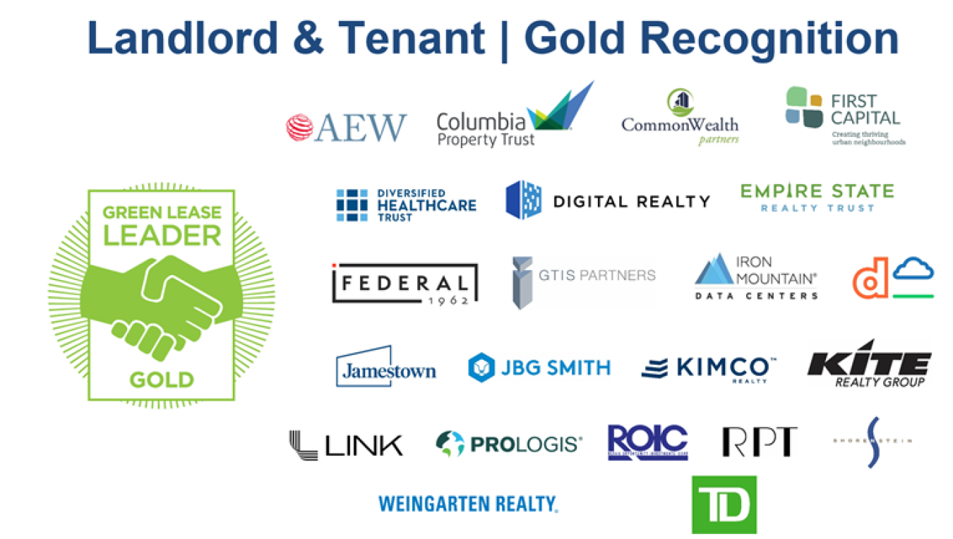 Landlord Tenant Gold Recognition title with 22 logos of winners of the Gold Green Lease Leaders title