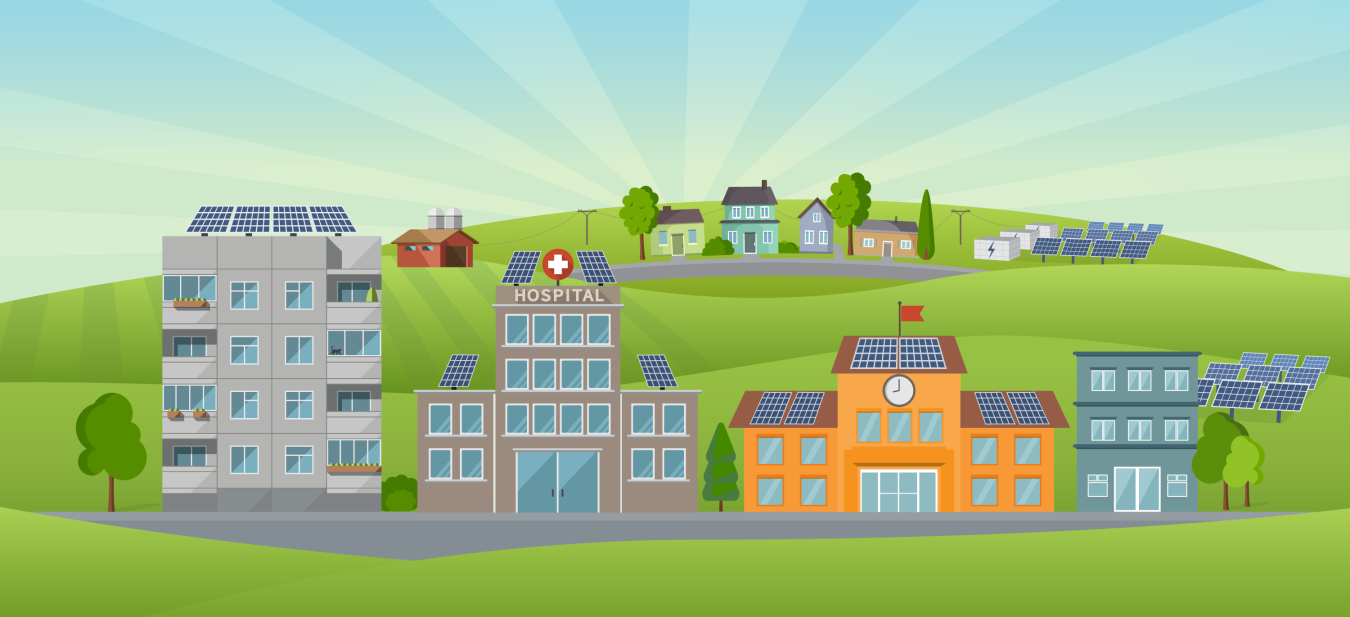 graphical depiction of a town where all the buildings have solar panels.